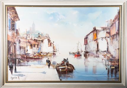 Jorge Aguilar-Argon (b.1936) - 1974 Oil, Blue Skies Over The Harbour