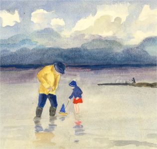 Mid 20th Century Watercolour - Playing in the Sea