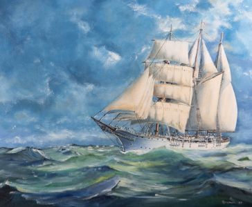 G.F. Croker - 1977 Oil, Three-Masted Schooner at Sea