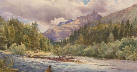 Late 19th Century Watercolour - Mountain View with Fisherman