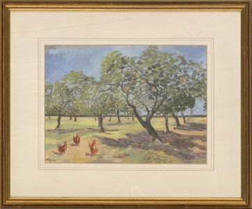 Sylvia Grottick - 20th Century Acrylic, Fruit Trees and Chickens