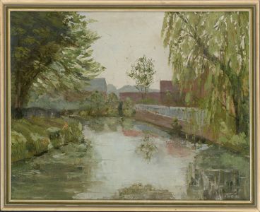 Sylvia Grottick - 1976 Oil, Town Scene with River