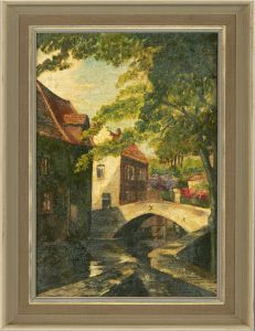 20th Century Oil - Village Scene with Arch Bridge