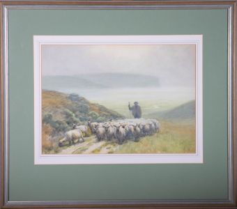 J. Hall - Early 20th Century Watercolour, Shepherd and Flock