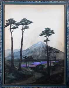 20th Century Watercolour - Mountain Scene with Tall Trees
