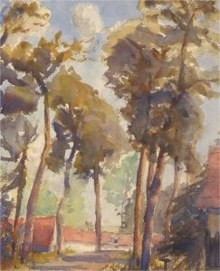 20th Century Watercolour - Rural Village with Tall Trees