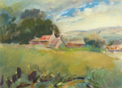 Contemporary Oil - Cottage Farm In The Meadow