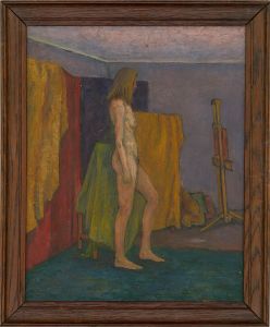 L. M. R. Favell - Contemporary Oil, Nude With Colourful Drapes