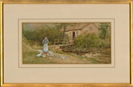Fred Shaw (1848-1923) - Watercolour, Feeding Ducks On A Summer's Day