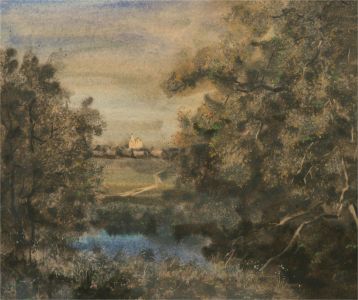 Russian School 20th Century Pastel - Distant Church in a Landscape