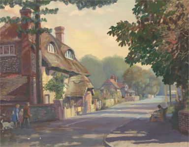 20th Century Oil - Street Scene with Thatched Houses