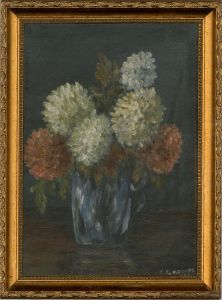 20th Century Oil - Chrysanthemums in Pale Blue Vase