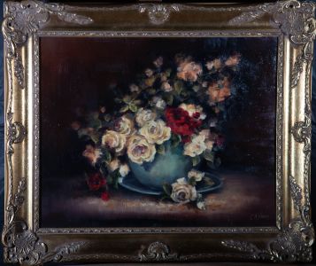 Claire A. Verity - Contemporary Oil, Roses in a Blue Bowl
