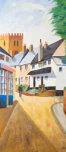 N.E.V. - 1976 Oil, Town Scene with Figure
