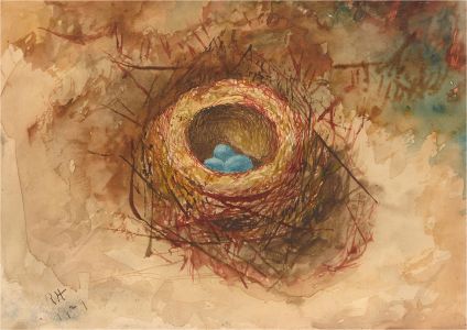J.R.H. - 1929 Watercolour, Nest with Blue Eggs