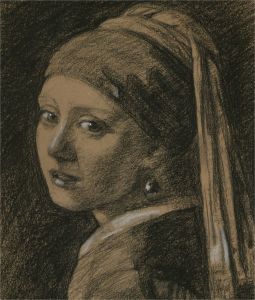Contemporary Charcoal Drawing - Girl with a Pearl Earring, after Vermeer