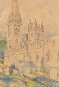 J.R. Hughes - 1949 Watercolour, Llandaff Cathedral, Cardiff