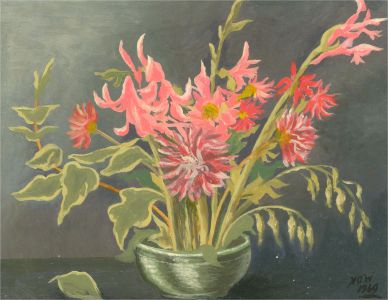 M. A. W - 1969 Oil, Gladioli, Dahlias And Ivy