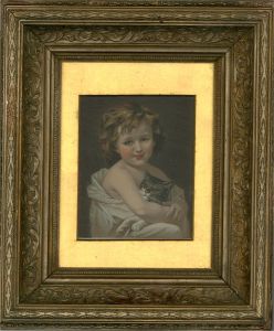 Early 20th Century Lithograph - Child With Fed Up Cat