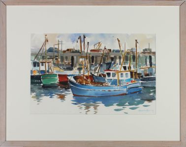 Barnett Bray  - Framed Contemporary Watercolour, Docked in the Harbour
