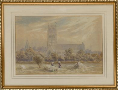W.P. - 1878 Watercolour, Haymaking by the Church