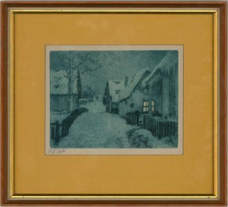John William Vawter (1871–1941) - Early 20thC Etching, Snowy Village In The Dark