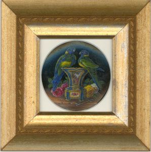 Barbara Valentine RMS - Contemporary Oil Miniature, Parrots on a Sevres Vase