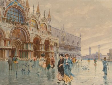 Julian Bautista Parini - Early 20C Watercolour, Strolling in St. Mark's Square