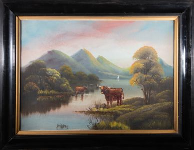 Early 20th Century Oil - Highland Cows At The Lake