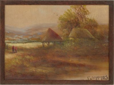 George Jennings (1872-1930) - Early 20th Century Oil, Figures by African Huts