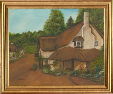 Contemporary Oil - Thatched Cottage In Summer