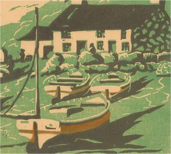 Mid 20th Century Woodcut - Boats At Sennen III
