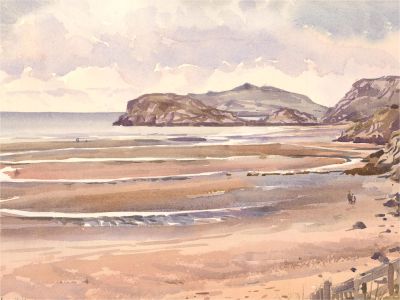 Brian C. Wade - Contemporary Watercolour, Beach View with Figures