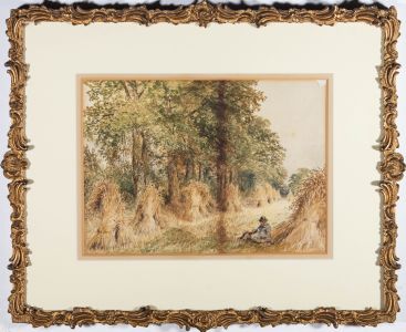 J.E. - 1872 Watercolour, Man and Dog in a Meadow