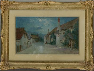 J. Wilson - Early 20th Century Watercolour, Porlock Village by Moonlight