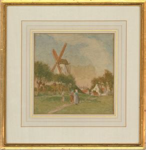 N.A. - 1903 Watercolour, Landscape Scene with Windmill