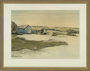 A. Dunlop - 1971 Watercolour, Farm on the Hill