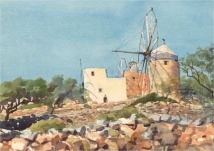 Brian C. Wade - Contemporary Watercolour, Windmills, Greece
