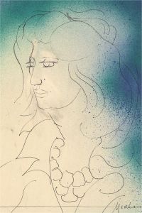 Brian Midlane - 20th Century Pen and Ink Drawing, Portrait in Blue