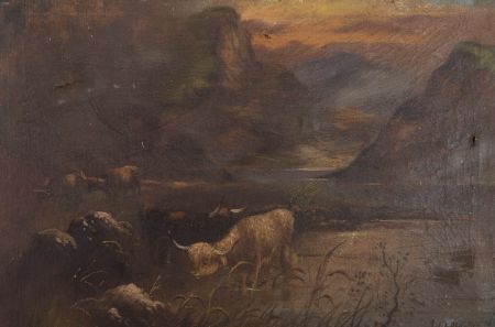 For Restoration - J. Elderman - Early 20th Century Oil, Highland Cattle