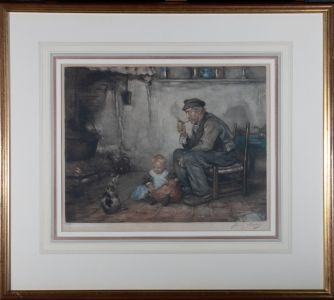 French 1923 Etching - Father, Daughter, and Cat
