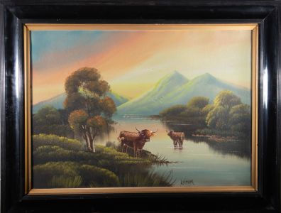 Early 20th Century Oil - Cows In The Shallows
