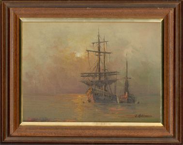 J. Hutchinson - Contemporary Oil, Ship Under A Fiery Sun