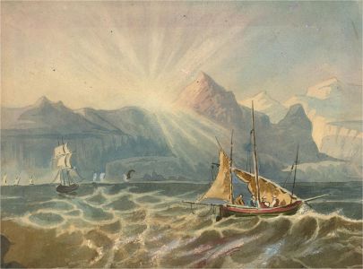 Early 20th Century Watercolour - Sailing Past Mountains