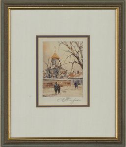 20th Century Watercolour - Russian Church In The Snow