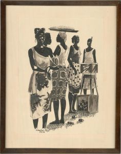 H. Wantue Major - 1989 Pen and Ink Drawing, Women At Market
