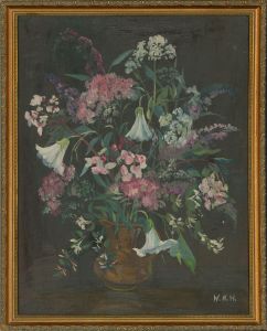 W.M.H. - Contemporary Oil, Delicate Flowers in Brown Vase