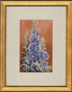 Sue Bourne - 20th Century Watercolour, Purple Hollyhocks II