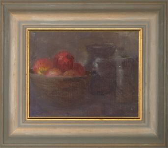 Contemporary Oil - Reds Apples, Blue Jars
