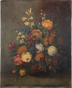 Mid 20th Century Oil - Roses and Delphiniums